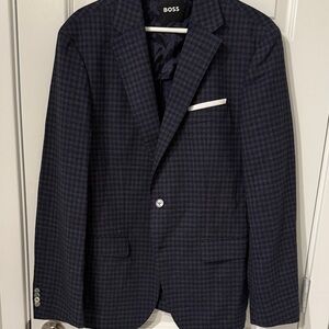 BOSS Navy Check Sport Coat Suit Jacket Blue Gray stretch tailoring 42 R plaid